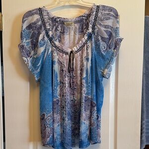 ONE WORLD Blue, Purple, and White Paisley Blouse, Size 3X
